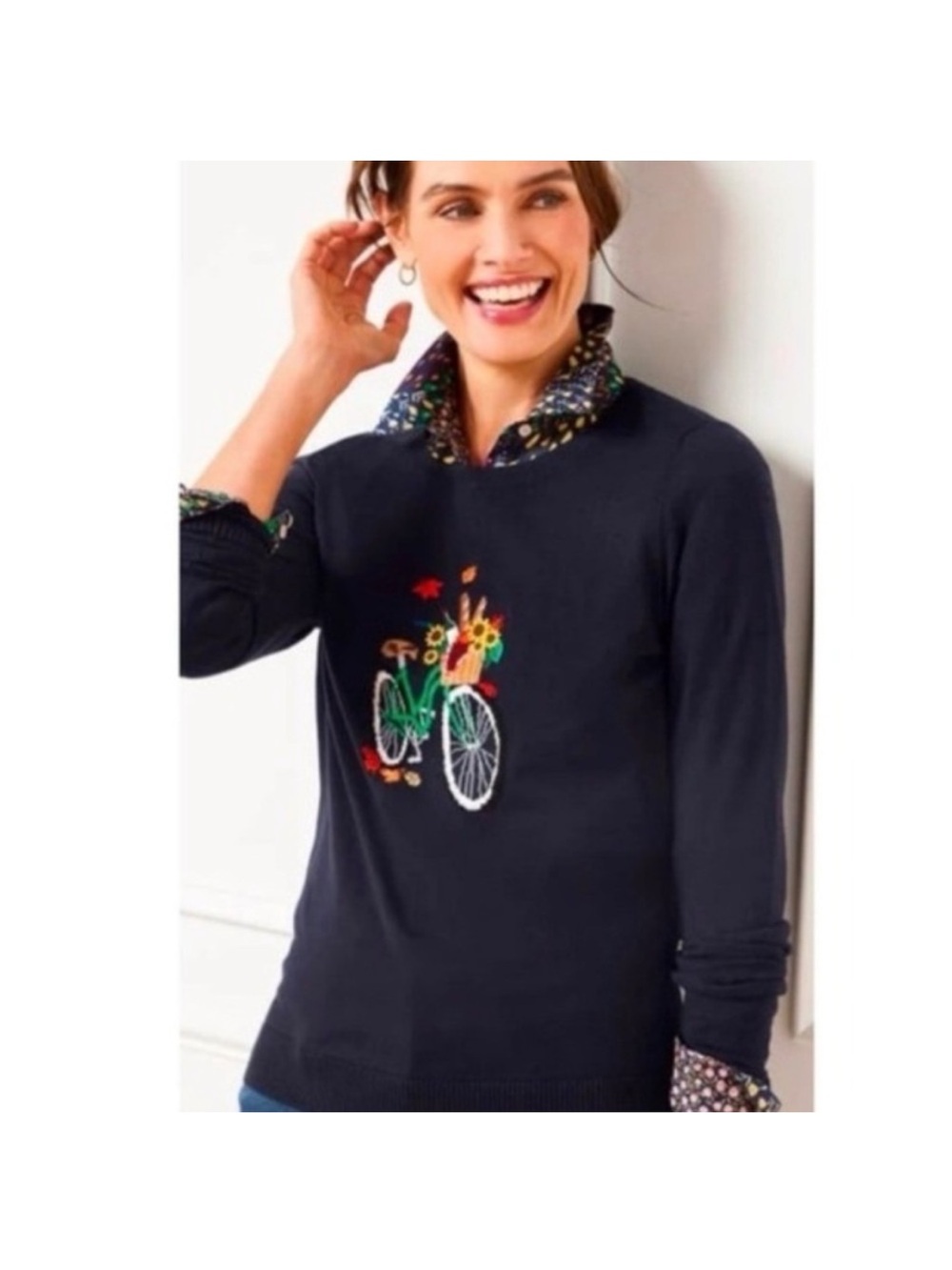 Navy Embroidered Bicycle Crewneck Sweater - Women